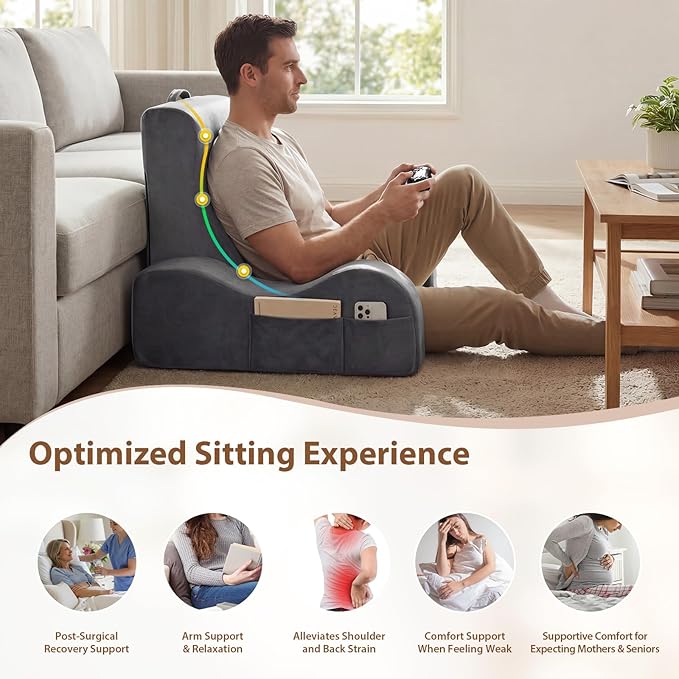 Quilmfoam Reading Pillow for Sitting in Bed Adult, Back Pillow for Sitting Up with Arms, Bed Pillow Back Support for Reading, TV, Gaming & Working, Removable Cover, Lightweight 19", Grey