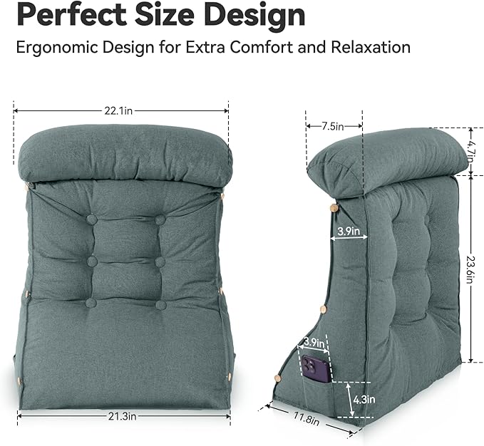 23" H Bed Wedge Reading Pillow with Adjustable Headrest, Reading Pillow for Sitting in Bed Couch Adult Backrest Pillow for Neck Back Lumbar Support with Removable Washable Cover Dark Gray