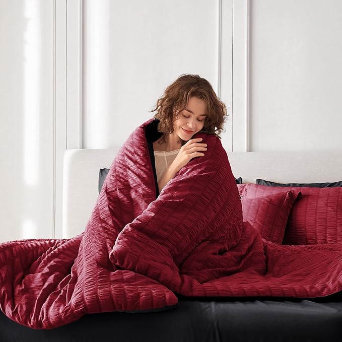 MUXHOMO 5 Pieces Twin XL Comforter Set, Seersucker Bed in a Bag Twin XL Size, All Season Luxury Bedding Set with Comforter, Flat Sheet, Fitted Sheet, Pillowcase & Sham, Red & Black