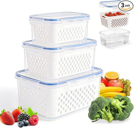 4 in 1 Food Storage Container, 3Pcs Fruit Storage Containers for Fridge with Removable Colanders, Produce Keeper Containers for Fridge with Lid and Strainer