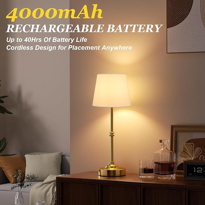 Kakanuo Rechargeable Cordless Table Lamp Gold - 1 Pack Brass 4000mAh Battery Operated Lamp, Touch Control Stepless Dimming, for Home Decor, Dining Table, Living Room, Bedroom