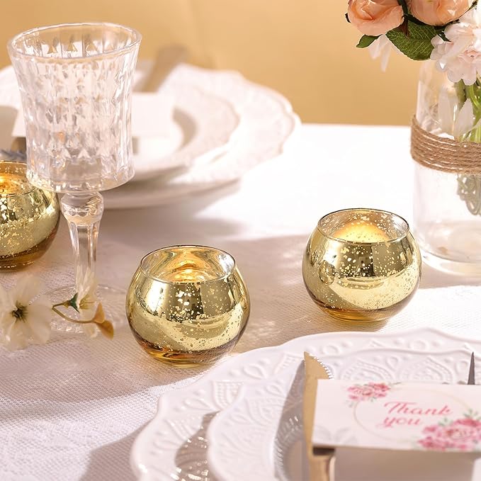 LAMORGIFT 12 Pcs Gold Votive Candle Holders- Gold centerpieces for Tables, Mercury Glass Votives for Wedding, Rehearsal Dinner, Engagement, Birthday Party Decorations