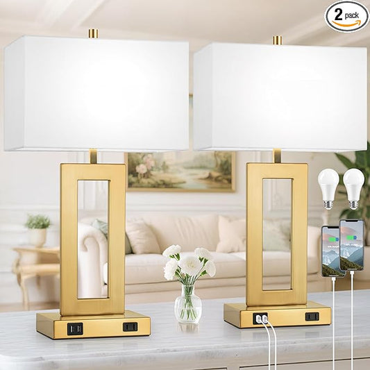 Modern Vintage Gold Table Lamp Set of 2, 28inch Tall Lamps for Living Room Bedroom with 2 USB Ports&AC Outlet, 3 Way Dimmable Touch Control Desk Lamps For Reading Home Office, E26 Socket, with Bulb