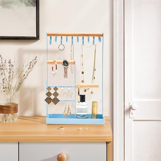ProCase Jewelry Stand Holder Organizer, 4-Tier Necklace Holder with Ring Tray, 10 Hooks Necklaces Hanging Small Jewelry Display Storage Tower Tree for Bracelets Earrings Watches -Medium, Blue