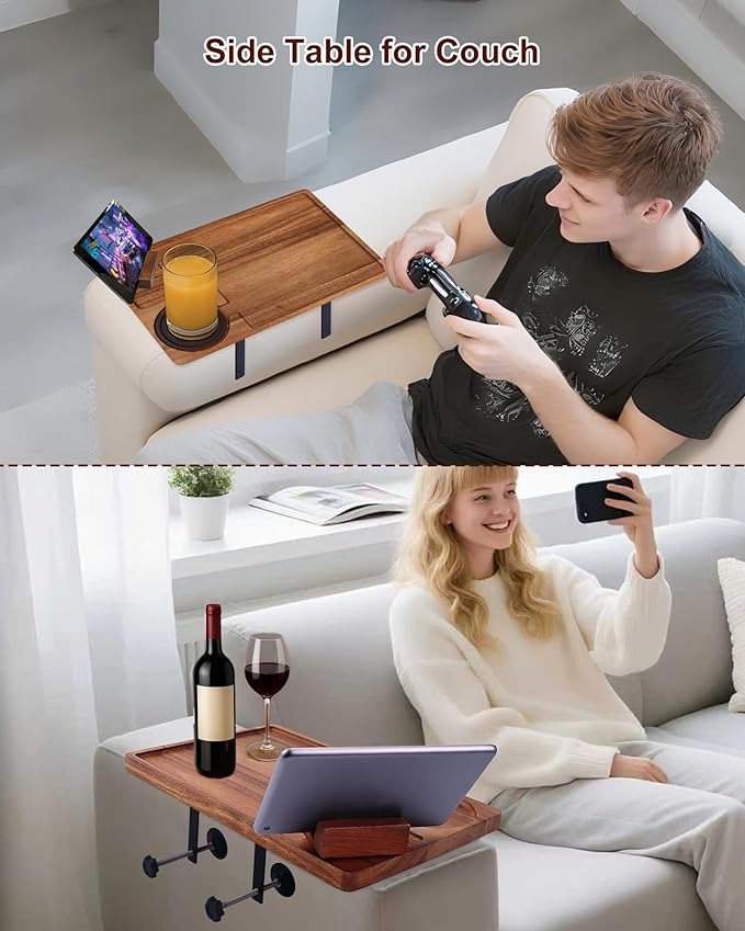Couch Armrest Table, Acacia Wood Sofa Arm Tray with Adjustable Metal Clamp, Sofa TV Tray with Rotating Phone Holder for Snacks Drink Remotes, Include White Coaster