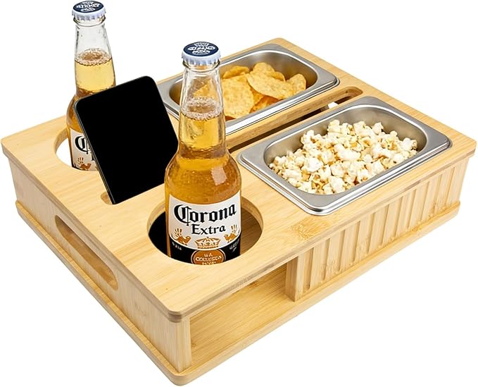 Bamboo Couch Caddy Holder Tray - XL Anti-Spill Sofa Arm Tray Table - Non-Slip Armrest Organizer for Drinks, Phone & Remotes - Stable Caddy for Couch, Car & Floor