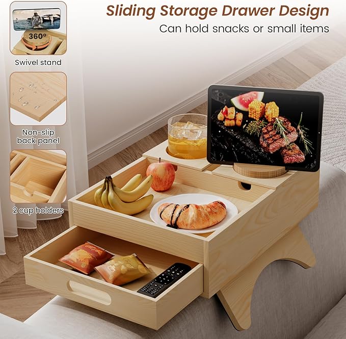 Sofa Arm Tray Table - Adjustable Couch Armrest Table with Cup Holders, 360° Rotating Tablet Holder, Anti-Slip Base & Storage Drawer - Fits 4" to 12.4" Armrests, Waterproof Pine Wood