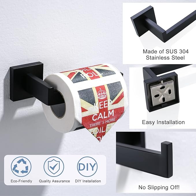 TQKAG Matte Black Toilet Paper Holder SUS304 Stainless Steel, Modern Square Tissue Roll Holders Wall Mount, Toilet Paper Roll Dispenser for Kitchen Washroom