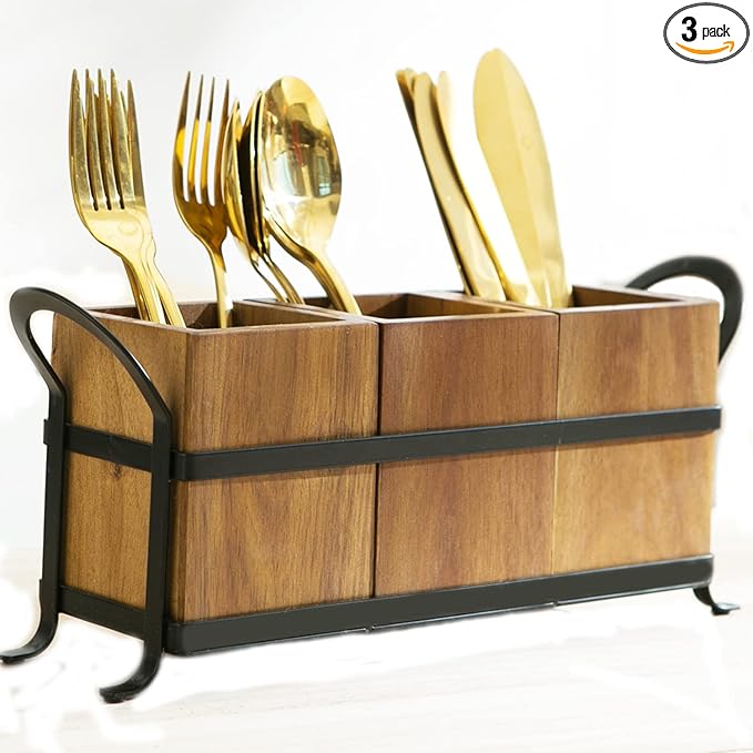 NelyBet Utensil Caddy Silverware Cutlery Holder with 3 Compartment, Wooden Utensil Crock Flatware Organizers with Metal Tray, Rustic Kitchen Utensil Organizers for Farmhouse Kitchen and Countertop