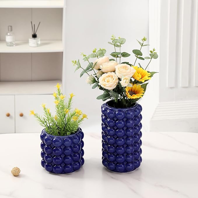 Bubble Vases, Set of 2 Blue Ceramic Vases for Flowers, Unique Short Vase for Tulips, Tall Bubble Vase for Coffe Table Decor, Decorative Vases for Living Room, Dining Table, Wedding