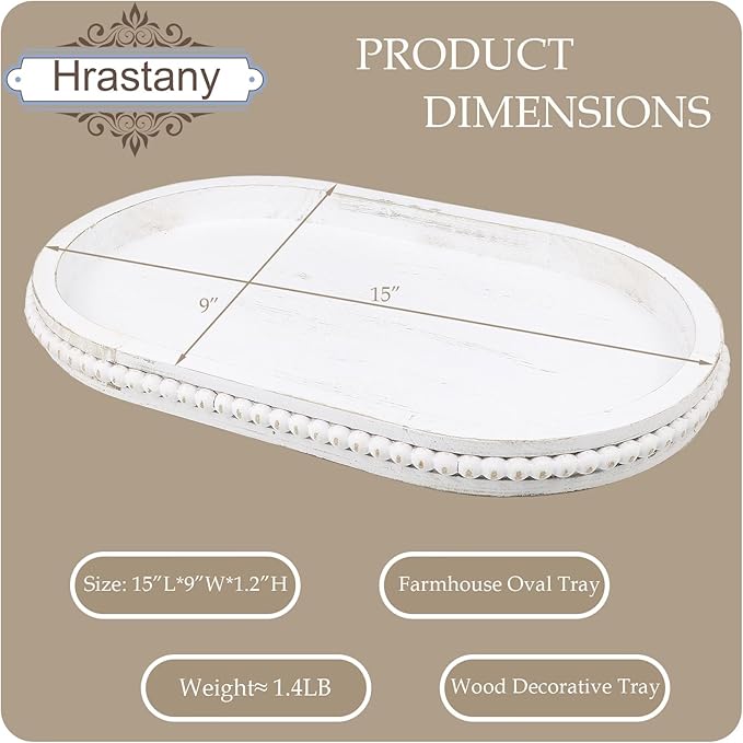 Hrastany Oval Wood Serving Tray with Wooden Beads, Outdoor Farmhouse Decorative Tray for Ottoman, Coffee Table, Kitchen Counter Organizer, Home Decor(Whitewashed)