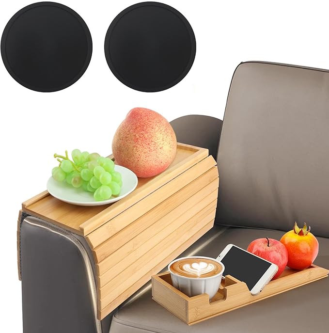 Bamboo Couch Armrest Table, Anti Falling Sofa Arm Tray with Removable Couch Cup Holder for Drink & Snack, Foldable Tray with Coasters for Couch, Recliner, or Loveseat