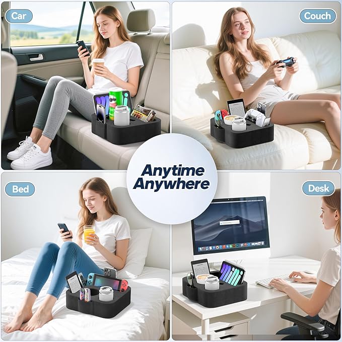 Couch Cup Holder Pillow, Sofa and Bed Organizer Caddy for iPad, Kindle, Switch, Game Controller, Remotes, Phones, Small-Sized Cup & Drink Holder for Couch, Bed, Desk, Car, Beach, Desk, Black