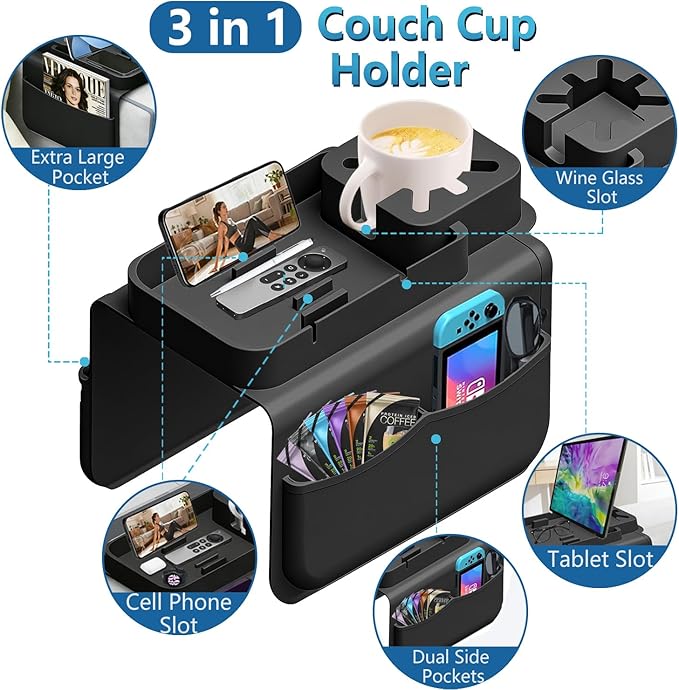Silicone Couch Cup Holder Tray with Tablet & Phone Stand, Anti-Slip Sofa Arm Organizer with Dual Side Pockets for Remotes, Snacks, Headphones, Glasses, Drinks (Black)