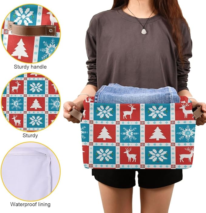 Christmas Storage Basket, Collapsible Canvas Organizer with Snowflake Reindeer Pattern, 14.2x10.2x8.3 Inches, Water Resistant Rectangular Box for Bedroom Storage