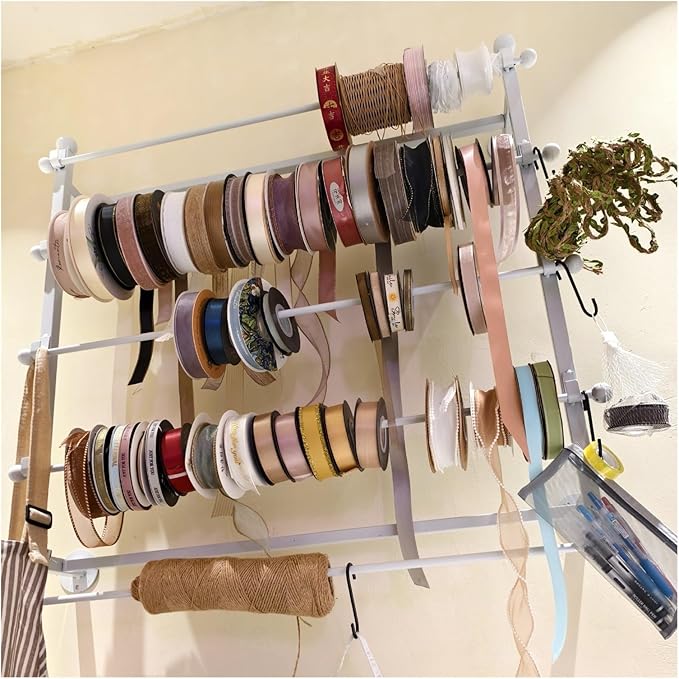 Wall Mounted Ribbon Storage Holder with 5 Hooks, Hang Necktie Display Stand Organizer Shelf for Flower Shop Cake Shop, 5 Tier Metal Wrapping Paper Rack ( Color : White , Size : Lxh-80x80cm/31.5x31.5in