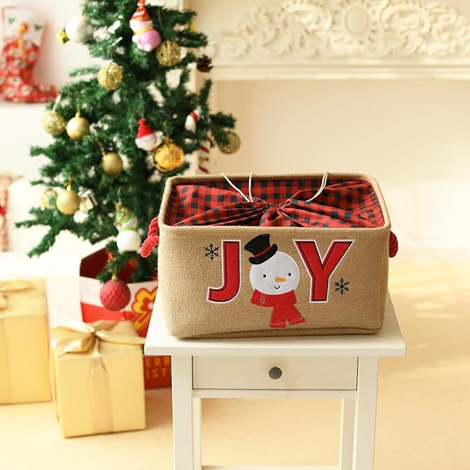 INough Christmas Basket Large Christmas Baskets for Gift Empty with Handles, Christmas Gift Baskets Collapsible Gift Basket Empty Christmas Decor for Kidsroom Nursery Play Room (Medium, Joy)