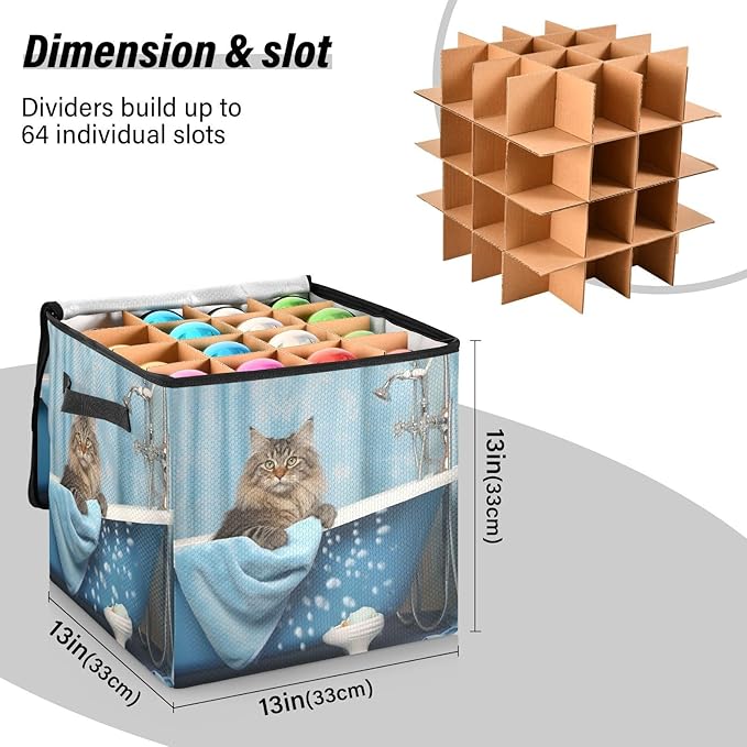 Kigai Bathroom Cat Christmas Ornament Storage Box with Zipper & Adjustable Dividers Holiday Ornament Organizer Xmas Storage Container, 64 Balls