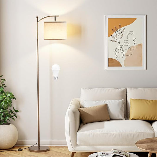 Ambimall 60" Floor Lamps for Living Room with 3 Color Temperatures, Adjustable Beige Shade with Brown Pole, Tall Lamps for Living Room Bedroom Office Classroom Dorm Room, 9W Bulb Included