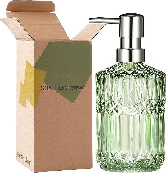 Diamond Design 12 Oz Green Glass Soap Dispenser,Refillable Lotion Soap Dispenser for Bathroom, Kitchen, Hand Soap, Dish Soap,Shampoo, Ideal for Bathroom Countertop. (Clear Green)