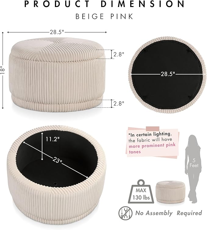 Furniture of America Lennox Modern Chenille 29-inch Round Storage Ottoman with Flip Top, Upholstered Footstool, Circle Coffee Table for Living Room, Bedroom, Entryway, Beige Pink