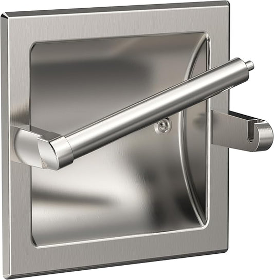 Brushed Nickel Recessed Toilet Paper Holder, Contemporary Hotel Style Pivoting in Wall Toilet Paper Holder - Recessed Toilet Tissue Holder, Regular Roll