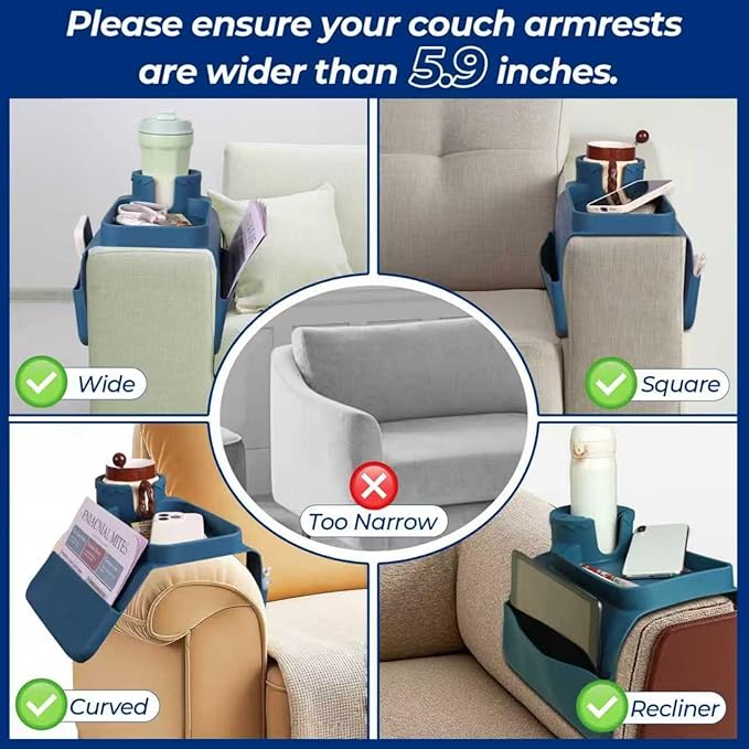 Silicone Couch Cup Holder Tray, 3-Side Sofa Armrest Organizer with Secure Gear-Shaped Locking Holder & Large Tablet Slot, Non-Slip Weighted Armchair Caddy, Couch Accessories (Navy Blue)