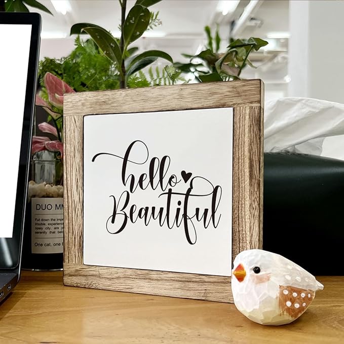 Hello Beautiful Sign, Rustic Wood Sign, Bathroom Decor Set, Wooden Box Signs for Home Decors, Modern Farmhouse Decor for Shelf Tabletop Desk, Housewarming Decors, Bathroom Box Signs B6-122