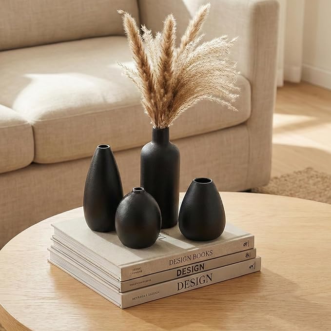 Neutral Black Ceramic Decorative Vase Set, Modern Matte Minimalist Vases for Shelf, Coffee Table, Living Room & Fireplace Mantel Decor (4, Black)