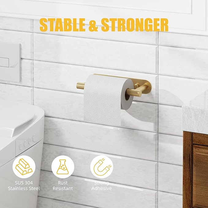 BESy Adhesive or Screw Toilet Paper Holder Wall Mount Rustproof Modern Roll Holder Flexible Pivoting Adjustable Tissue Handle with Self Adhesive or Mounted with Screws Stainless Steel Brushed Gold