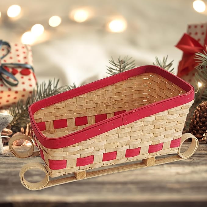 Sled Ornament Woven Basket Christmas Decoration Multifunction Kitchen Counter Storage Bin Food Basket for Parties Decoration, 34x20x18cm