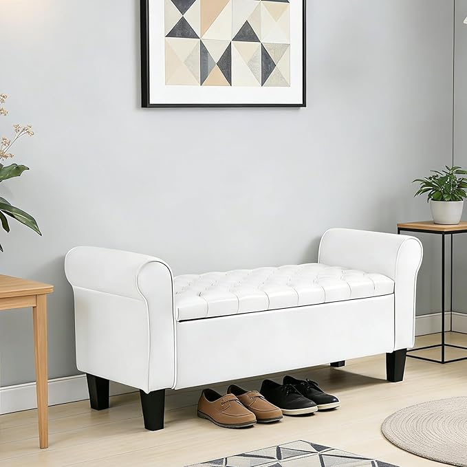 ECOTOUGE Ottoman with Storage for Living Room, Leather Upholstered Bench Footrest, Bedroom Benches at End of Bed, Rolled Arm Ottoman, Cream Color