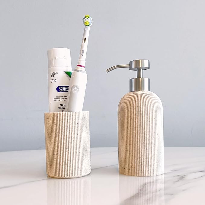 Small Sand Beige Toothbrush Holder for Bathroom Countertop, Modern Boho Aesthetic Vintage Farmhouse Organizer, Pen & Makeup Brush Holder