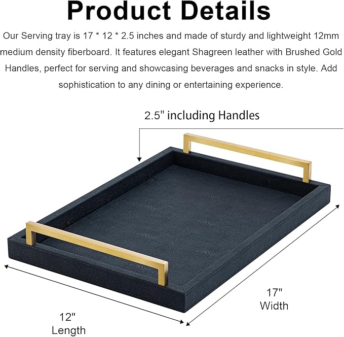 XIGEXIGE Black Faux Leather Serving Tray, 17x12 inches, Brushed Gold Handles, Decorative Tray for Ottoman Coffee Table, Living Room, Kitchen, Bathroom
