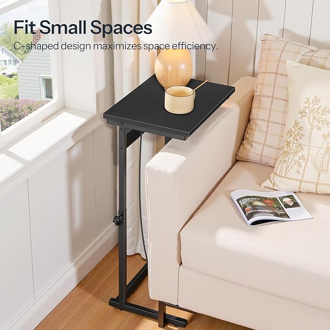 HOOBRO C-Shaped End Table with Charging Station, Adjustable Height Sofa Tray Side Table, Slide Under Couch Arm Table, Small C Side Table for Small Space in Living Room, Bedroom, Black BB71USF01