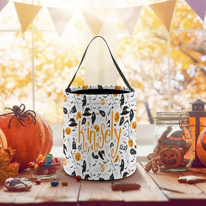 Personalized Halloween Trick or Treat Candy Bag with Name Custom Text Party Tote Bucket Halloween Candy Basket Gift (Bag-6)