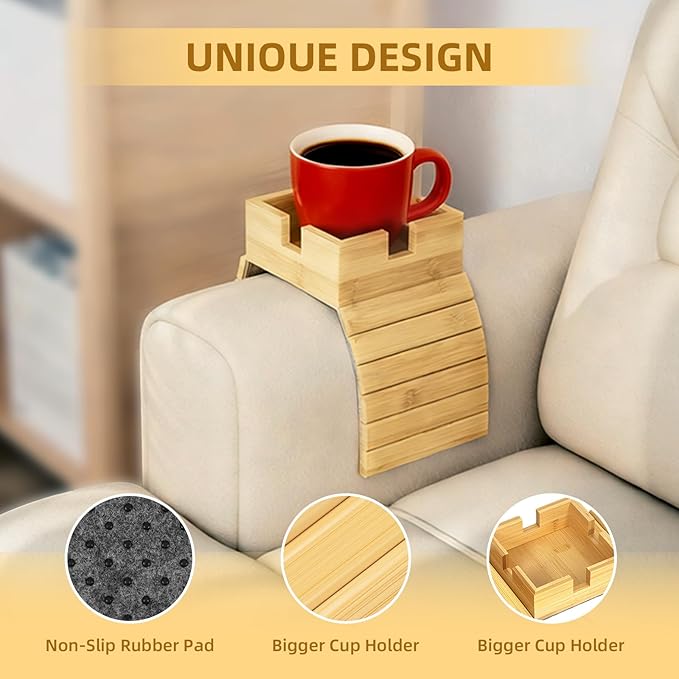 Bamboo Couch Cup Holder - Non-Slip Couch Armrest Tray for Recliner, Loveseat for Caddy Table for Drinks Cellphone TV Remote Storage(Large)