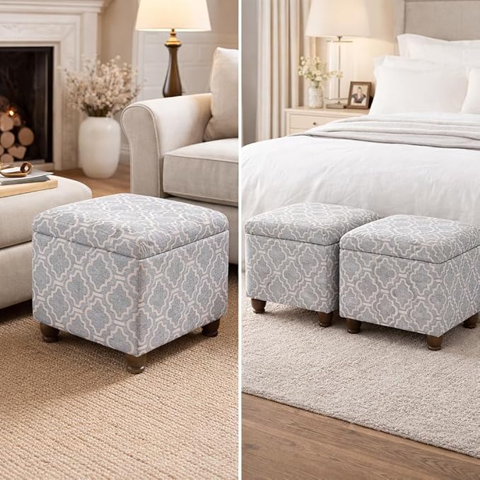 Homepop Home Decor | Upholstered MediumRectangular Storage Ottoman | Hinged Lid Ottoman with Storage for Living Room & Bedroom,Gray Geometric