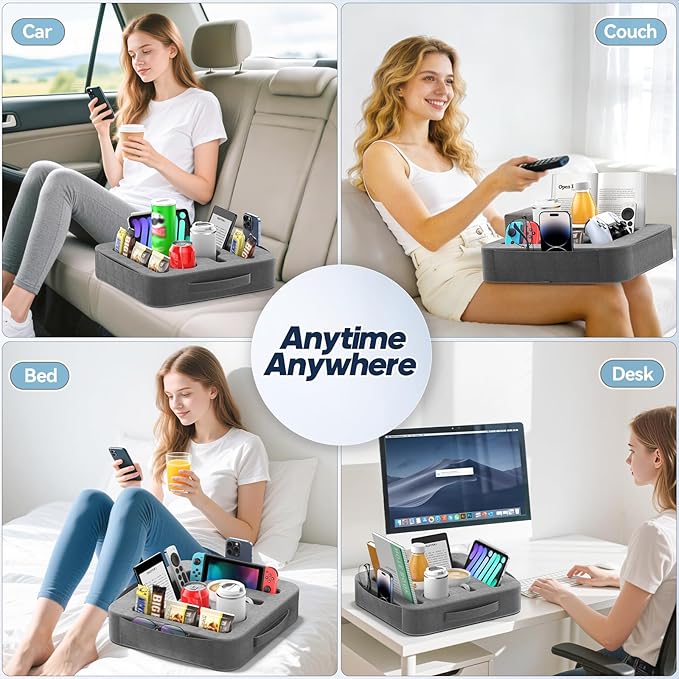 Couch Cup Holder Tray, Couch Caddy for Drink, Snack, Phone, Remote, Ipad, Game Controller, Large-Size Sofa Cup Holder for Bed, Sofa, Car, Desk, Deep Gray