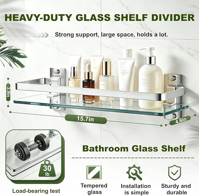 AIJALY 3 Pack Bathroom Glass Shelf,Aluminum Tempered Glass 0.3in Extra Thick Rectangular 1 Tier Storage Organizer Wall Mount,Silver 15.7in