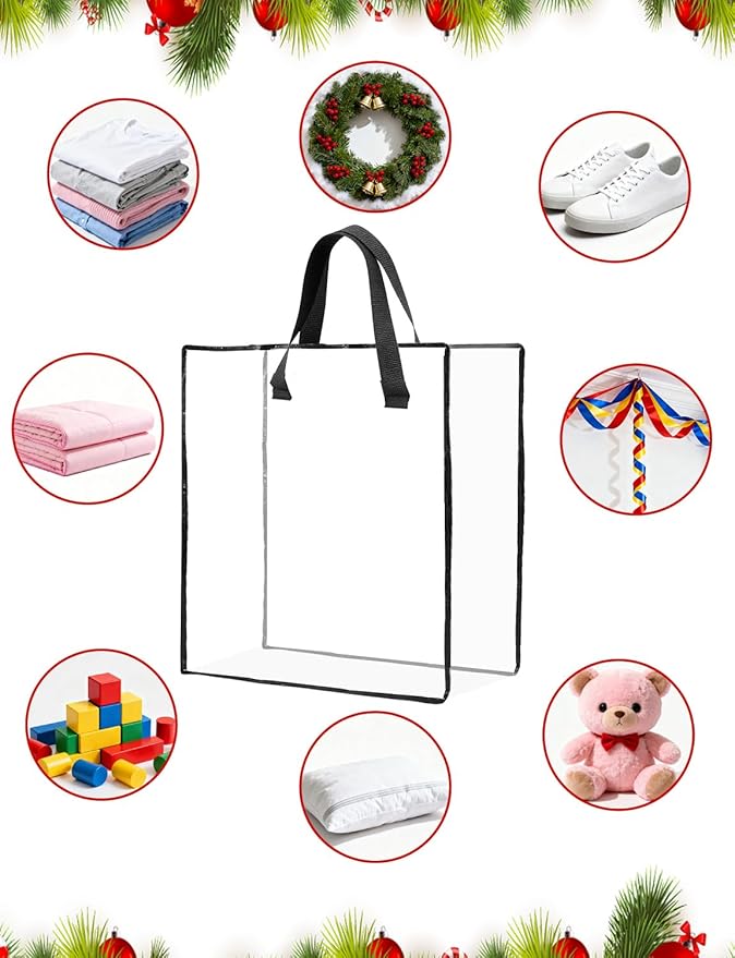 HFKPJRT 10 Pack Wreath Storage Bag, 26" 90 L Garland Container, Wreath Bags for Halloween Christmas Decorations, Large Clear Moving Bags with Handle, Under The Bed Storage for Bedding, Clothing, Toys