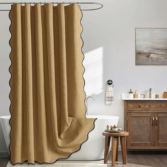 MIULEE Gold Brown Scalloped Shower Curtain Linen Textured with 12 Metal Hooks Cute Heavy Duty Washable Waterproof Thick Cloth Shower Curtains with Black Border for Bathroom Hotel Bathtub,W72*L72