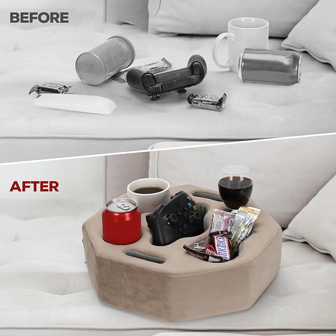 Couch Cup Holder Pillow, Octagon Caddy for Coffee, Phone, Remote - Drink Holder Tray for Bed, Car, Sofa, Table