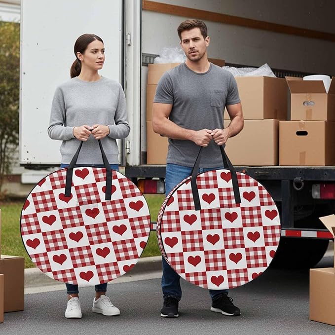 Valentine's Day Round Storage Bag 24 Inch, Red Heart Buffalo Plaid Red White Clothes Storage Container with Handles Heavy Duty Organizer for Comforter, Bedding & Holiday Wreaths