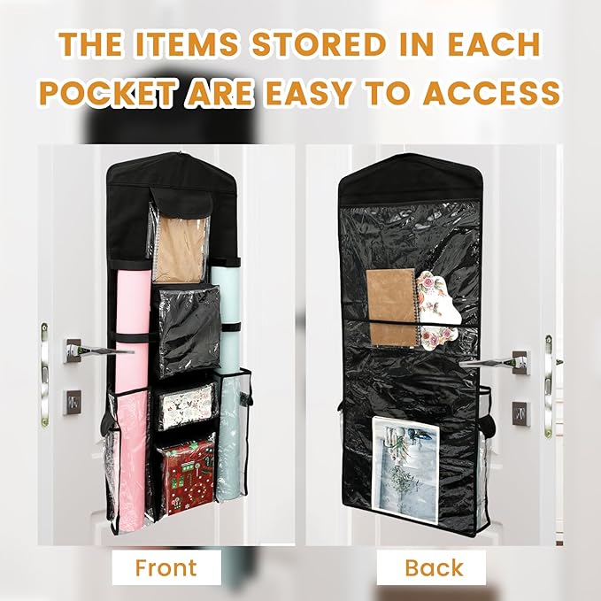 Wrapping Paper Storage - Double-Sided Hanging Wrap Organizer, Compartmental Wrap Organizer Holder, Wrapping Paper Storage Containers, Behind The Door Storage for Kitchen Bedroom Closet (Black)
