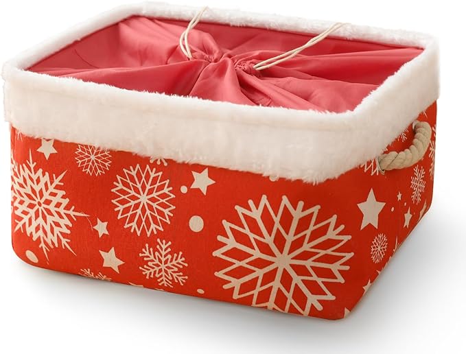 INough Christmas Ornament Storage Box Holiday Decoration Organizer, Christmas Basket for Kids Large Gifts Baskets Empty with Handles Christmas Santa Sack with Drawstring (Large, Snowflake)