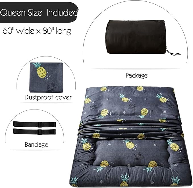 MAXYOYO Grey Pineapple Japanese Floor Futon Mattress, Tatami Floor Mat Portable Camping Mattress Kids Sleeping Pad Foldable Roll Up Floor Lounger Couch Queen Size with Mattress Protector Cover
