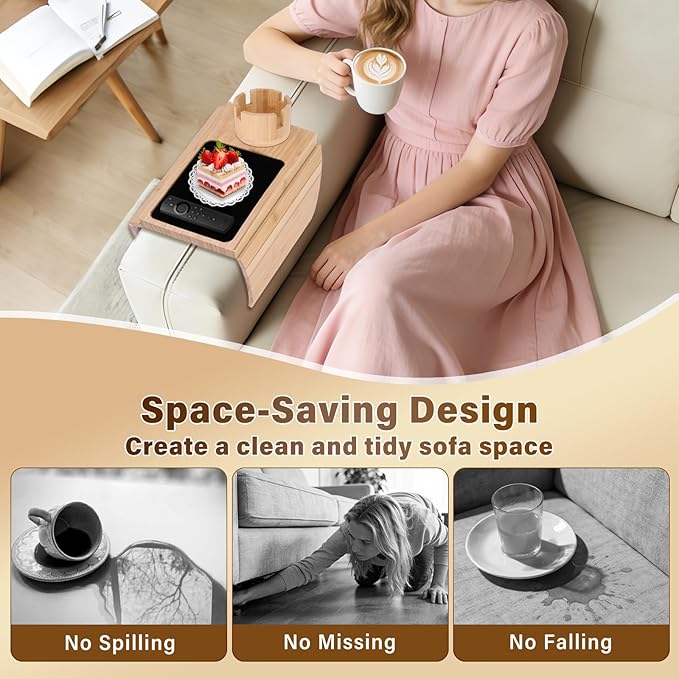 Couch Cup Holder Tray, 3-in-1 Bamboo Couch Armrest Table with 360° Rotating Magnetic and Detachable Phone Holder Stand, Foldable Anti-Slip Sofa Arm Tray for Remote, Phone, Snacks and Drinks