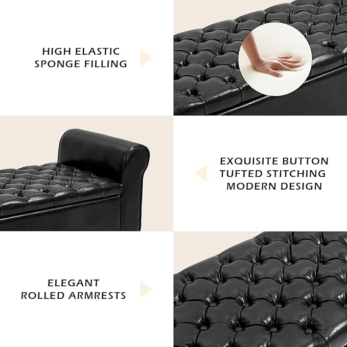 ECOTOUGE Storage Bench for Bedroom, Rolled Arm Ottoman, Rectangular Leather Upholstered Footrest for Living Room, Black