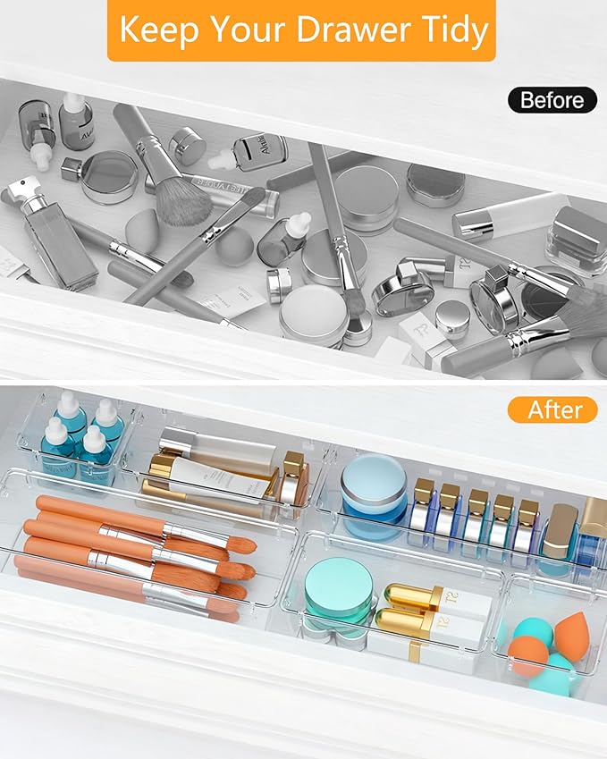 Clear Drawer Organizers Set of 25, 4-Size Vanity Organizer Trays, Stackable Bathroom & Desk Drawer Organizer for Makeup, Jewelry, Kitchen Utensils, Office Supplies and Small Gadgets Storage